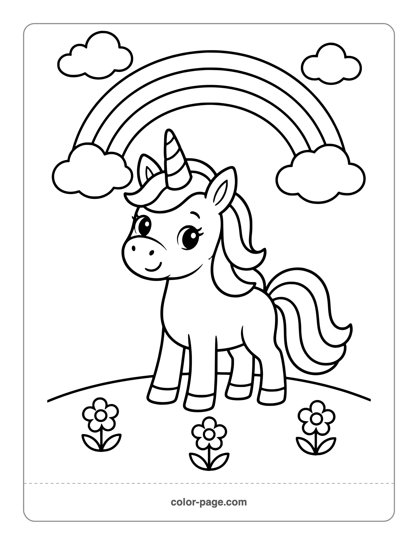 Unicorn standing under a rainbow coloring page