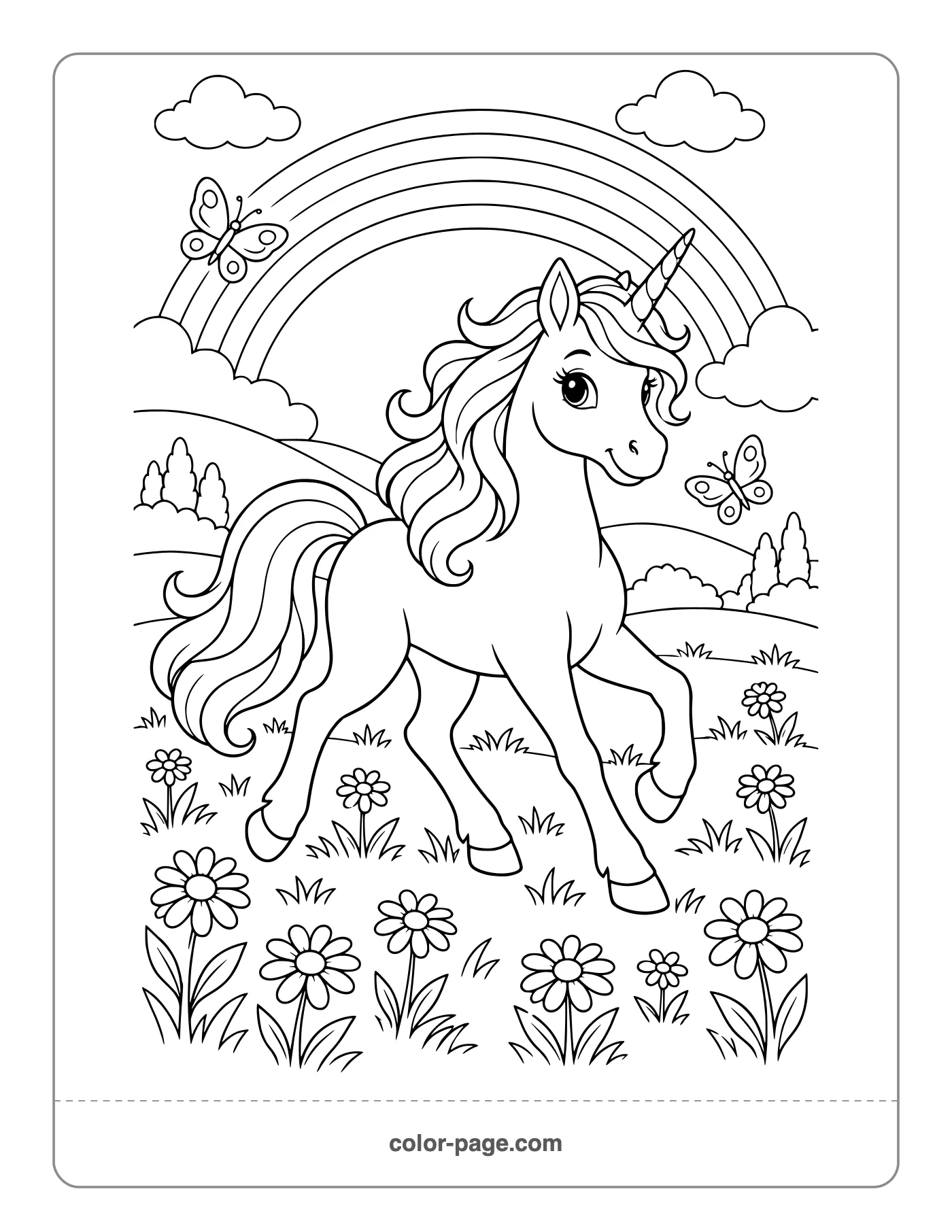 Unicorn trotting through a rainbow meadow coloring page