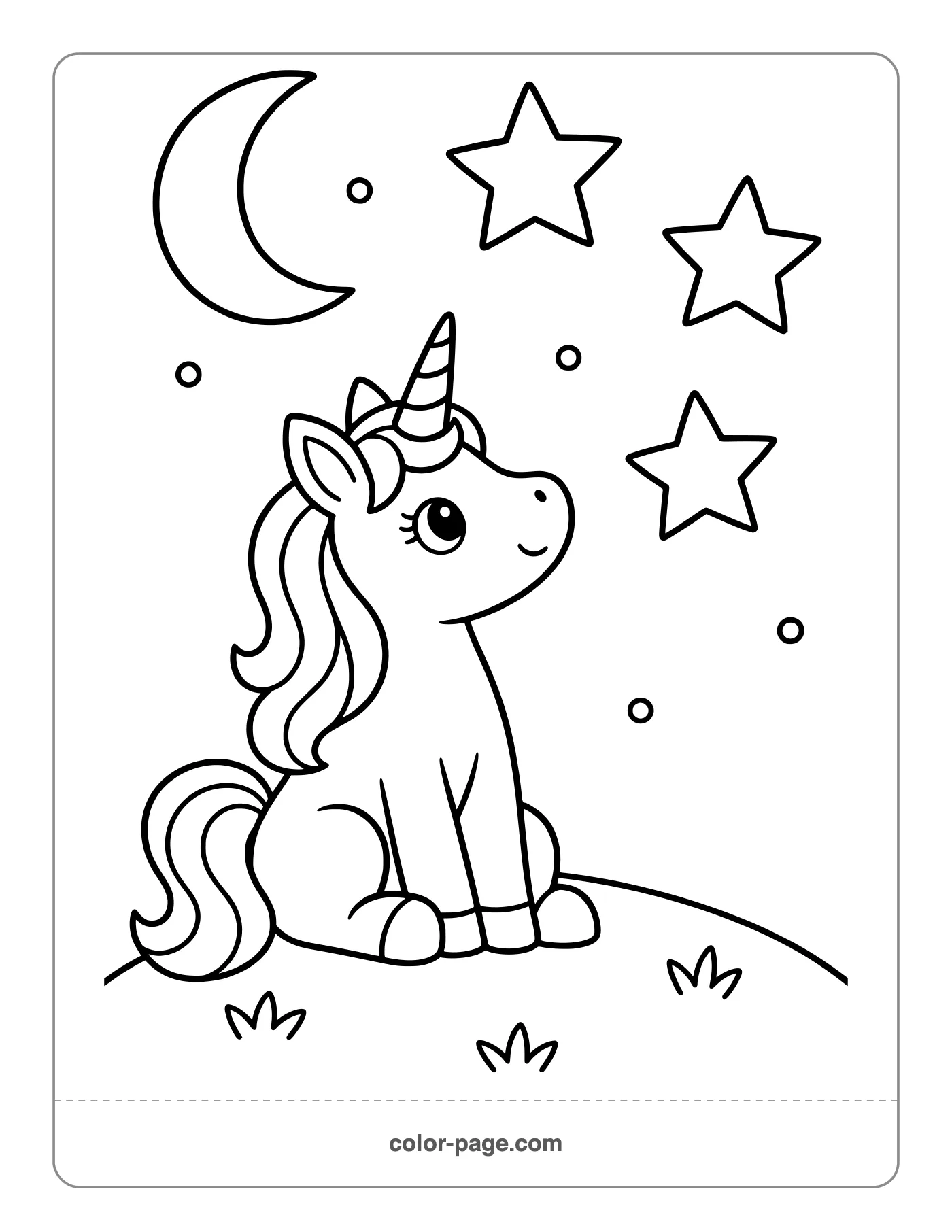 Sitting unicorn looking at stars coloring page