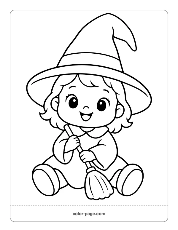 Simple baby witch in a big hat coloring page for toddlers