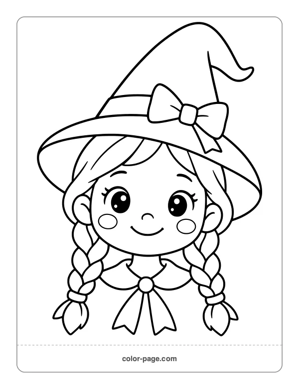 Cute witch with a big hat portrait coloring page