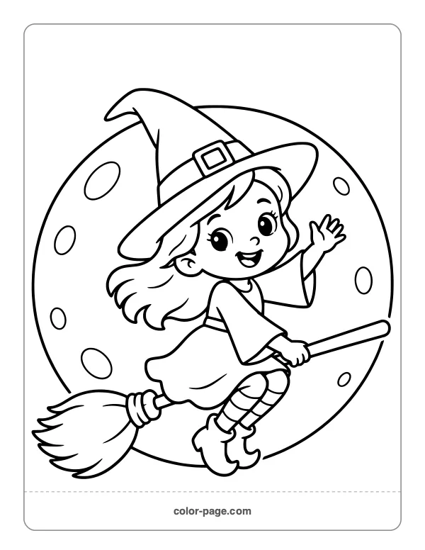 Cute little witch flying on a broom past the moon coloring page