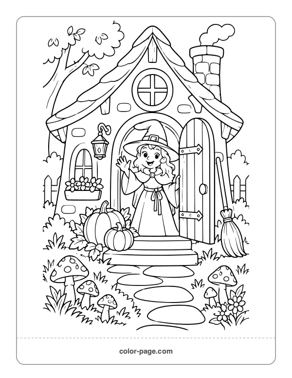 Witch waving from a crooked cottage coloring page