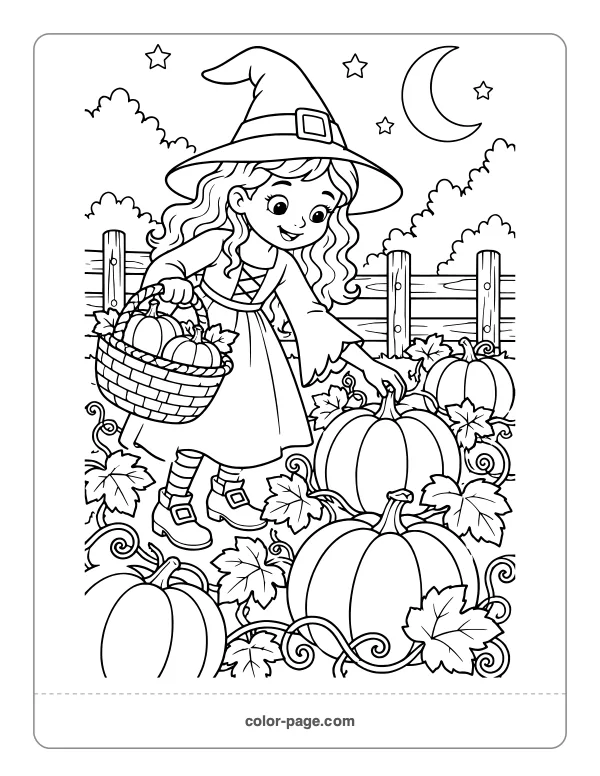 Witch picking pumpkins in a pumpkin patch coloring page