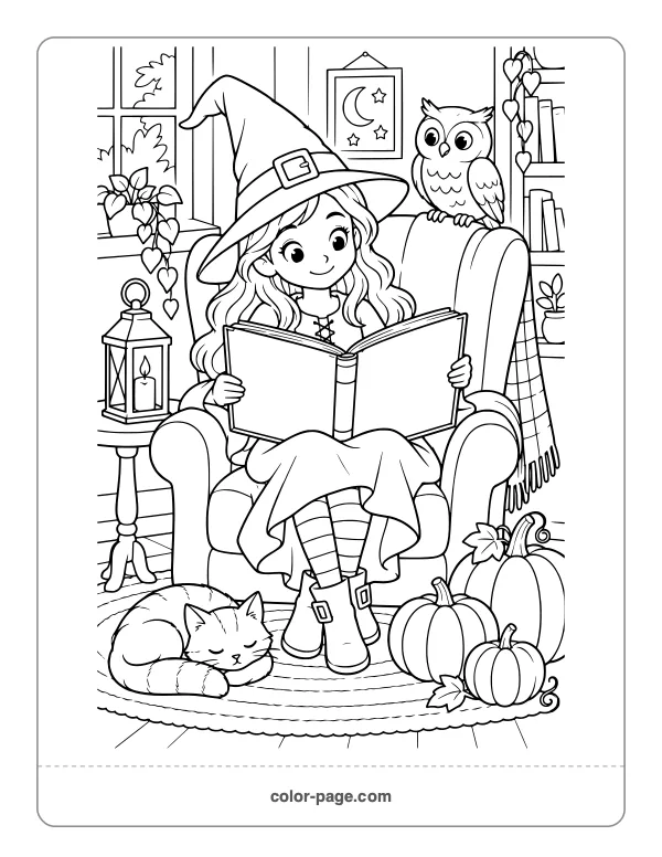 Witch reading a spell book with an owl coloring page