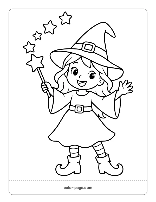 Cheerful witch waving a star magic wand coloring page
