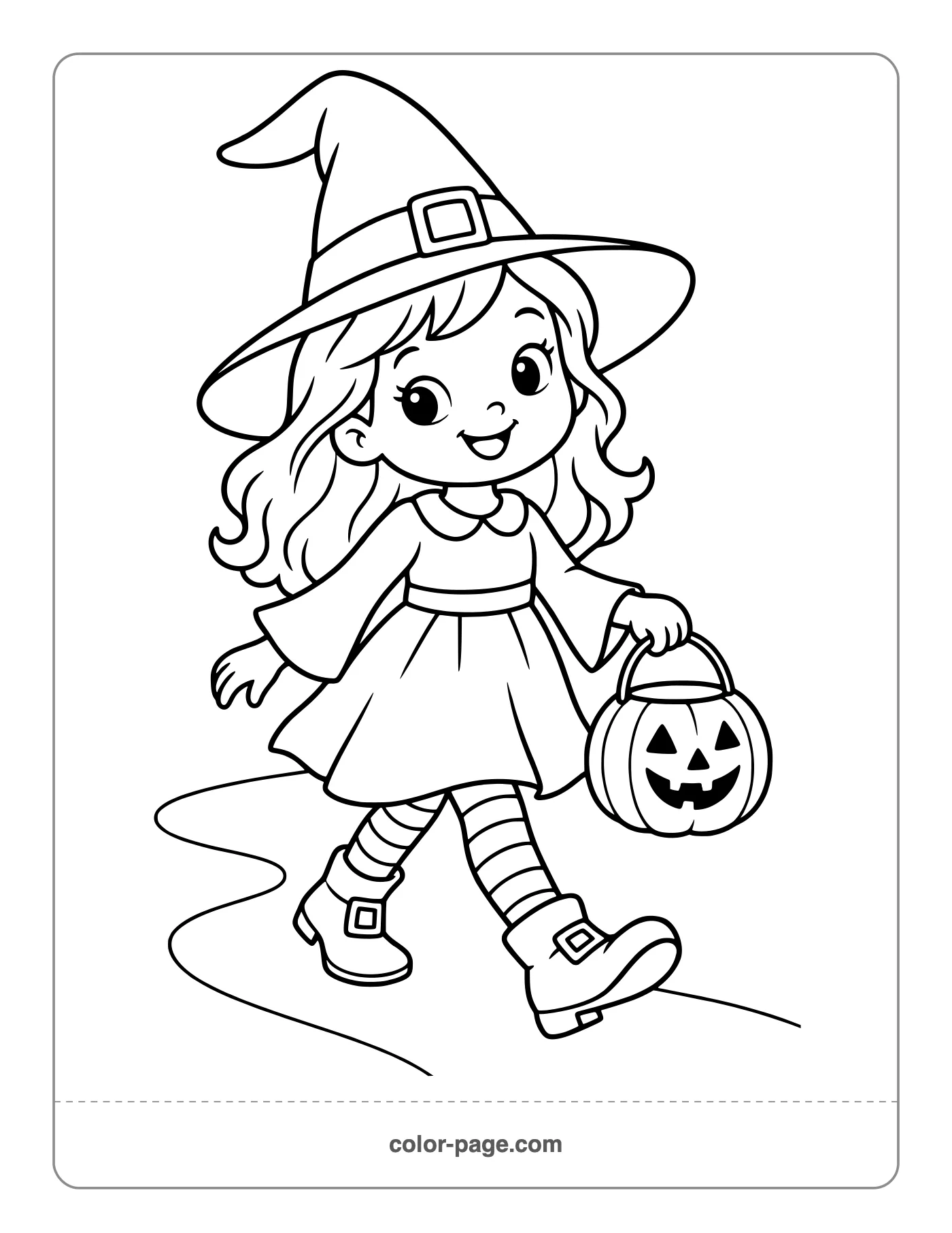 Little witch trick-or-treating with a candy bucket coloring page