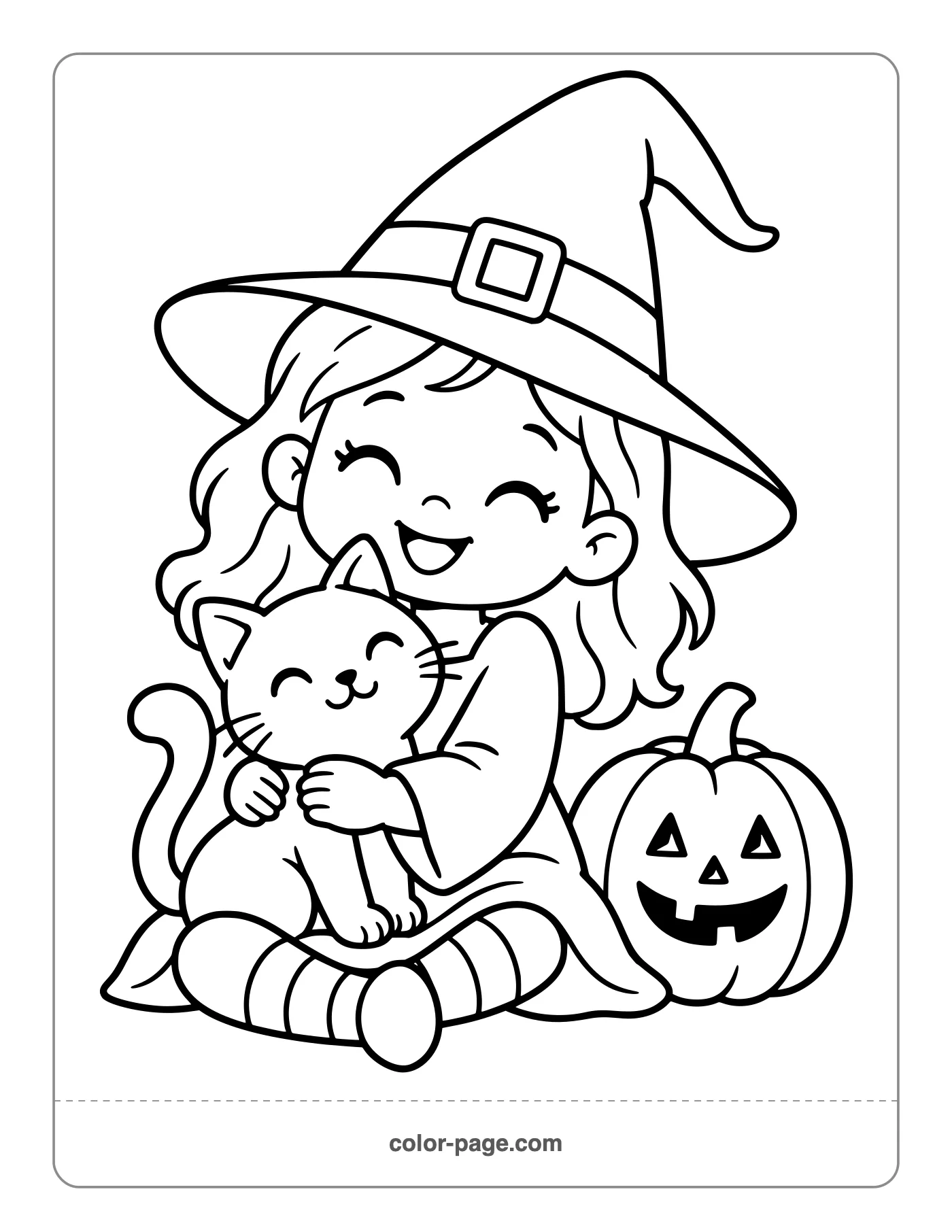 Little witch hugging her black cat coloring page