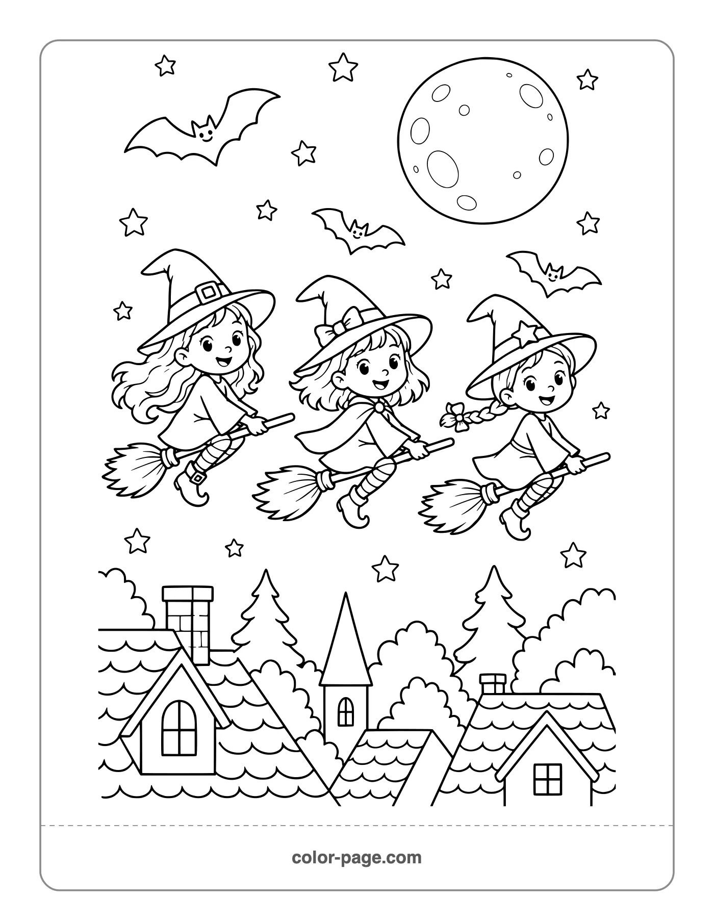 Three little witches flying on brooms over a town coloring page