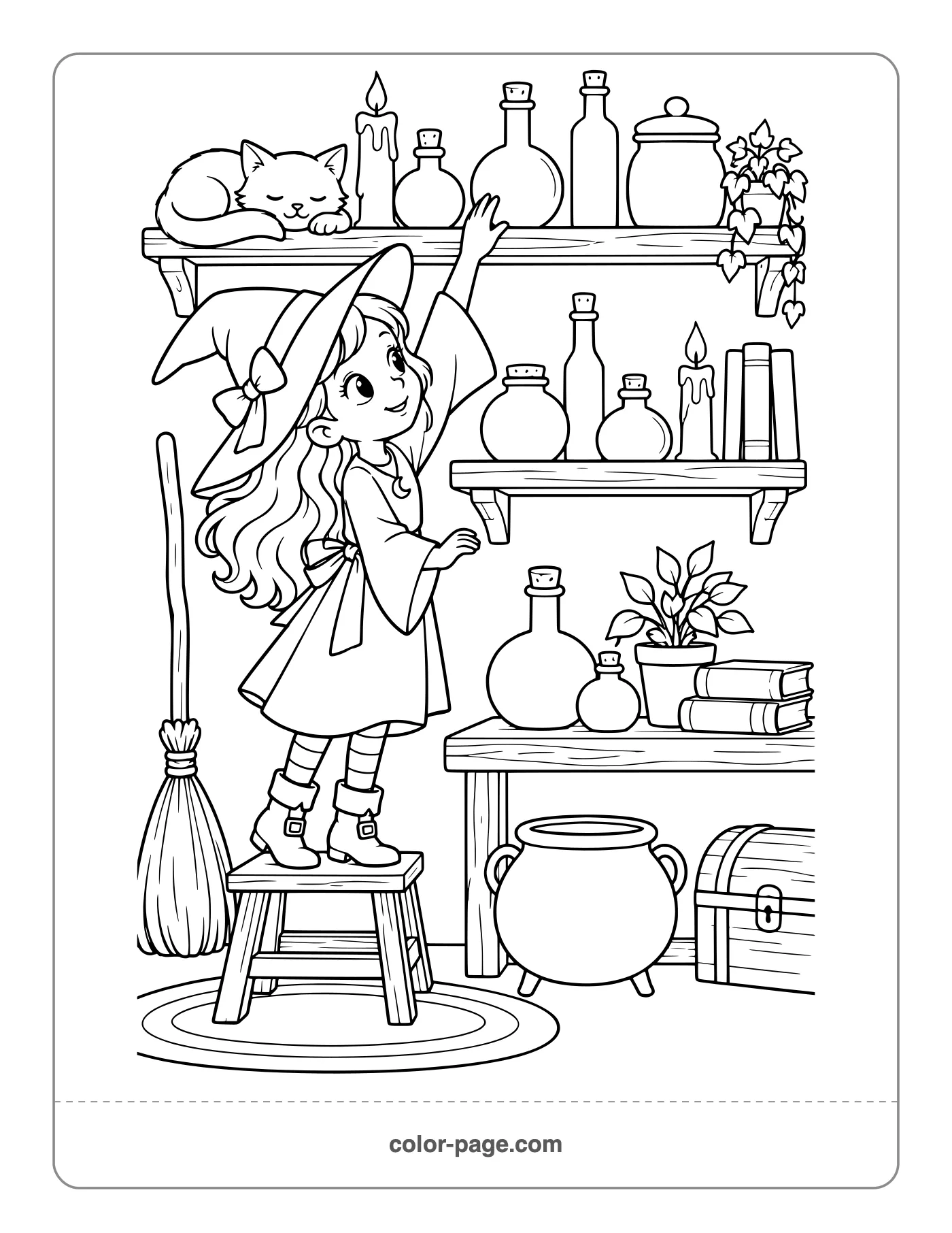 Young witch at a shelf of potion bottles coloring page