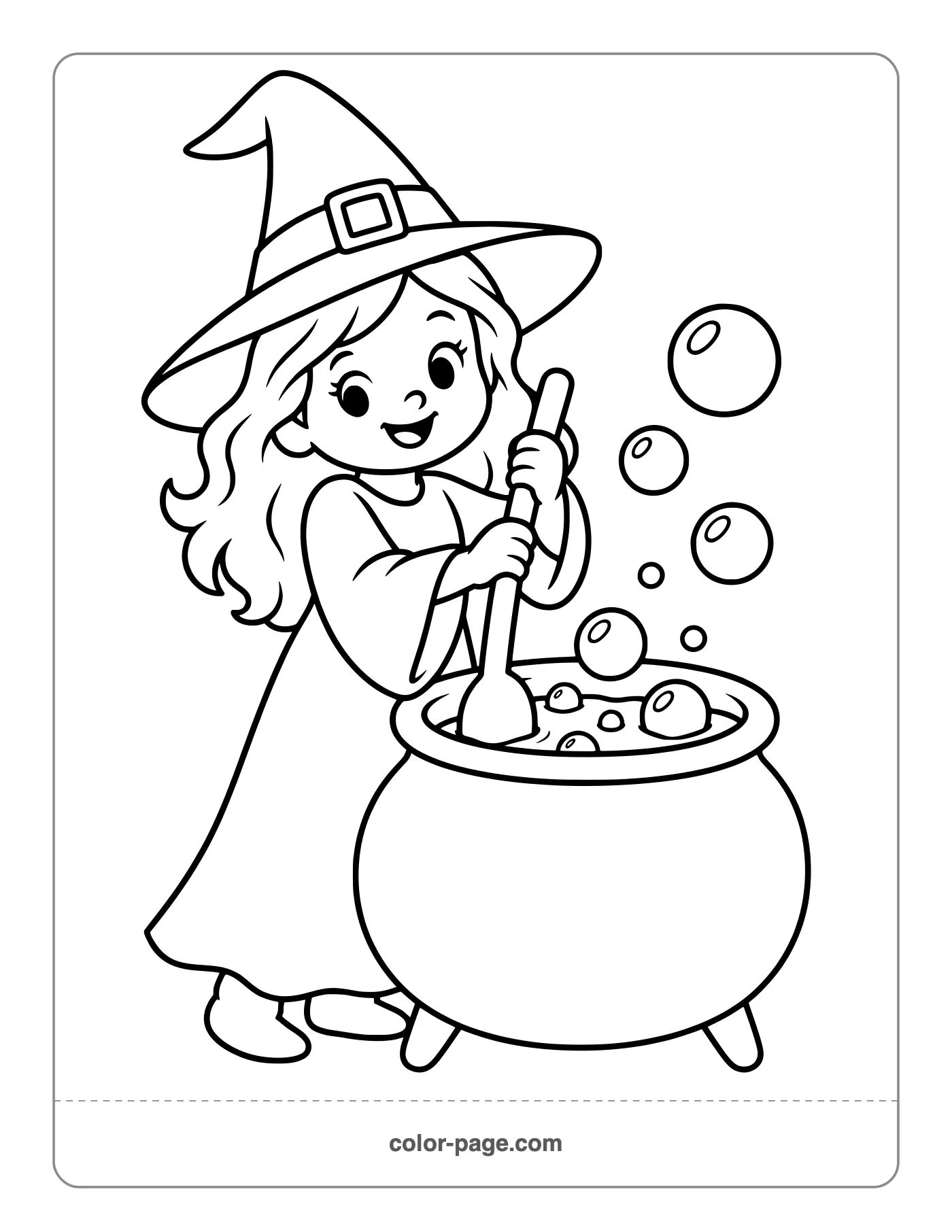Friendly witch stirring a bubbling cauldron coloring page
